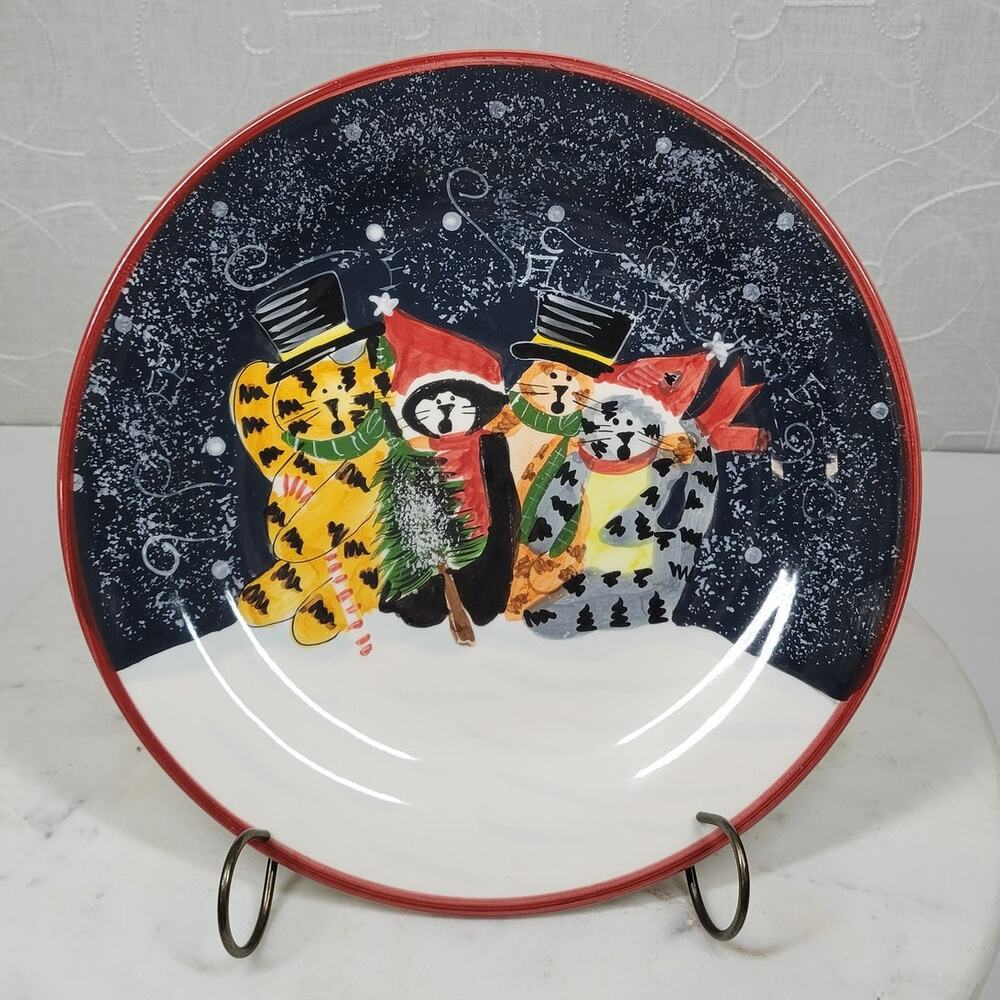 Creatively Yours Holiday Tabby Cat Plate 10" White Christmas Dinner Winter Night